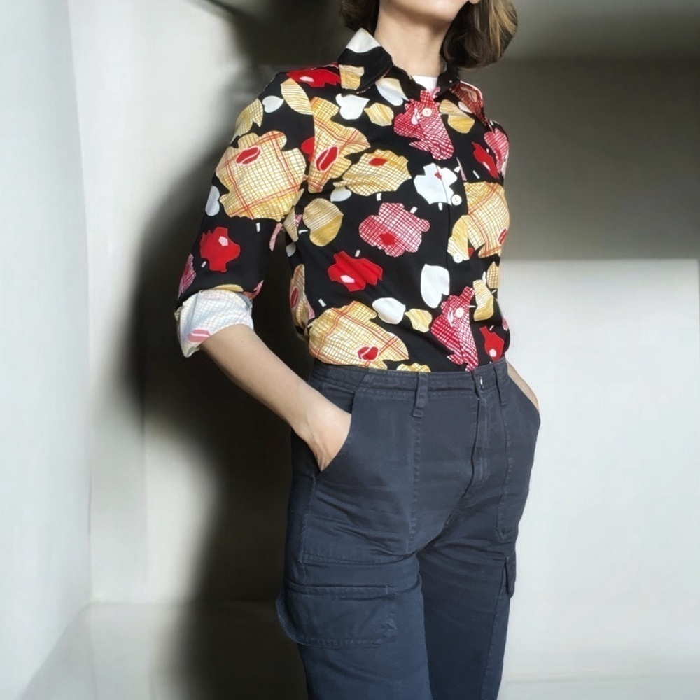 Vintage 70s Leaf Print Dagger Collar Button Front Shirt XS